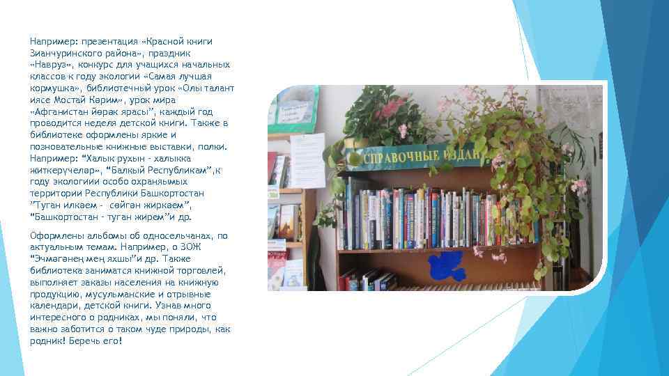 Например: презентация «Красной книги Зианчуринского района» , праздник «Навруз» , конкурс для учащихся начальных