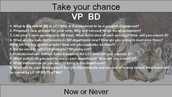 Take your chance VP BD 1. What is the role of BD in LC?