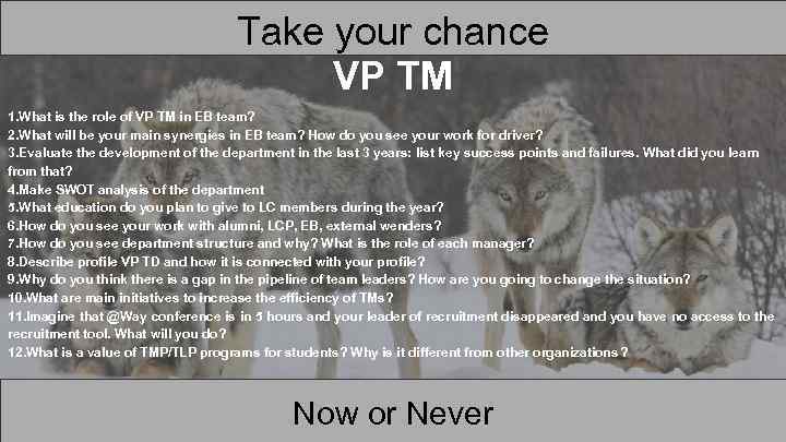 Take your chance VP TM 1. What is the role of VP TM in