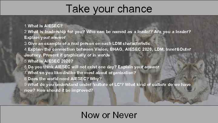 Take your chance 1. What is AIESEC? 2. What is leadership for you? Who