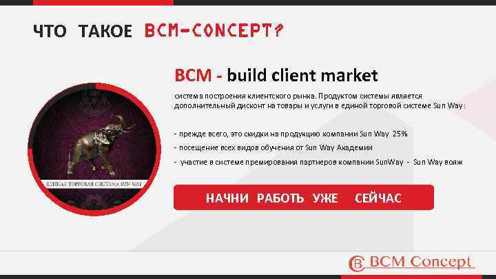 ЧТО ТАКОЕ BCM-CONCEPT? BCM - build client market система построения клиентского рынка. Продуктом системы