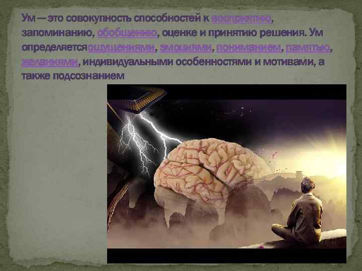 Ум — это совокупность способностей к восприятию, запоминанию, обобщению, оценке и принятию решения. Ум