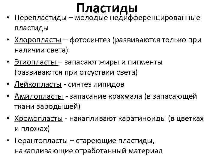 Пластиды • Перепластиды – молодые недифференцированные Пластиды пластиды • Хлоропласты – фотосинтез (развиваются только