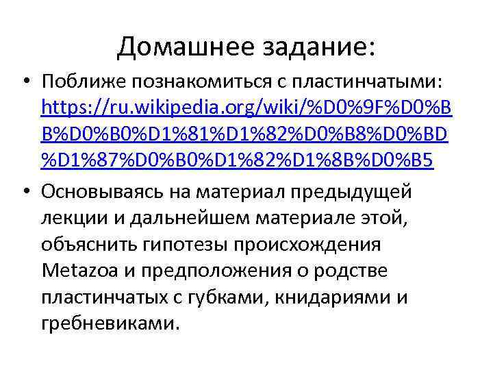 Домашнее задание: • Поближе познакомиться с пластинчатыми: https: //ru. wikipedia. org/wiki/%D 0%9 F%D 0%B