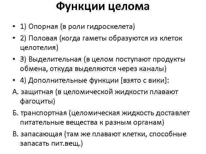 Функции целома • 1) Опорная (в роли гидроскелета) • 2) Половая (когда гаметы образуются