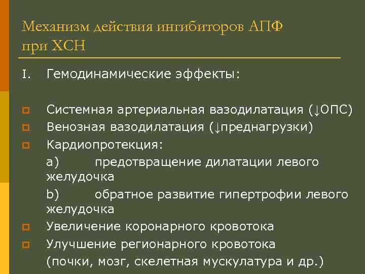 Механизм действия ингибиторов АПФ при ХСН I. Гемодинамические эффекты: p Системная артериальная вазодилатация (↓ОПС)