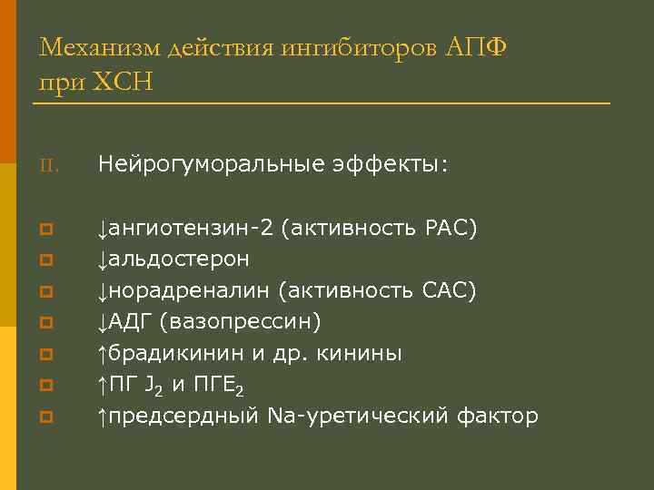 Механизм действия ингибиторов АПФ при ХСН II. Нейрогуморальные эффекты: p ↓ангиотензин-2 (активность РАС) ↓альдостерон