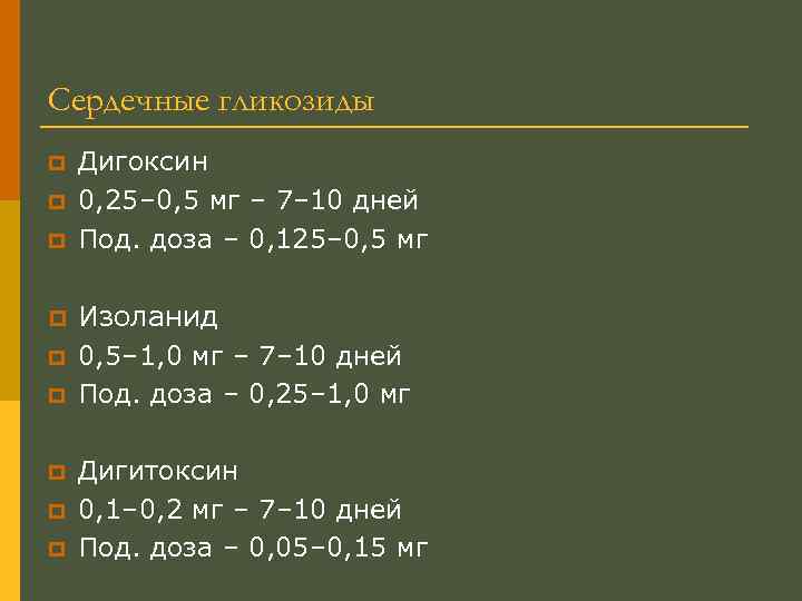Сердечные гликозиды p p p p p Дигоксин 0, 25– 0, 5 мг –