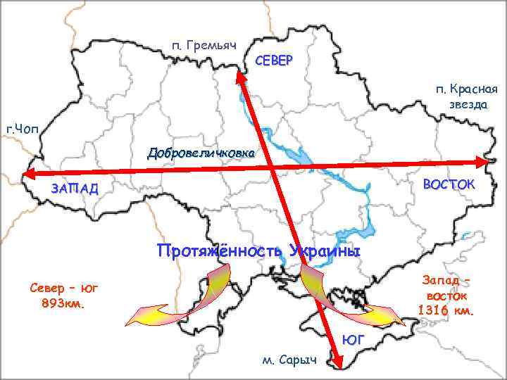 п. Гремьяч СЕВЕР п. Красная звезда г. Чоп Добровеличковка ВОСТОК ЗАПАД Протяжённость Украины Запад