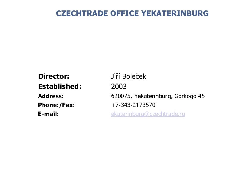 CZECHTRADE OFFICE YEKATERINBURG Director: Established: Address: Phone: /Fax: E-mail: 11 Jiří Boleček 2003 620075,