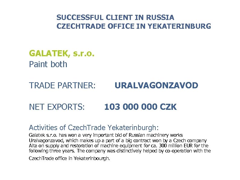 SUCCESSFUL CLIENT IN RUSSIA CZECHTRADE OFFICE IN YEKATERINBURG GALATEK, s. r. o. Paint both