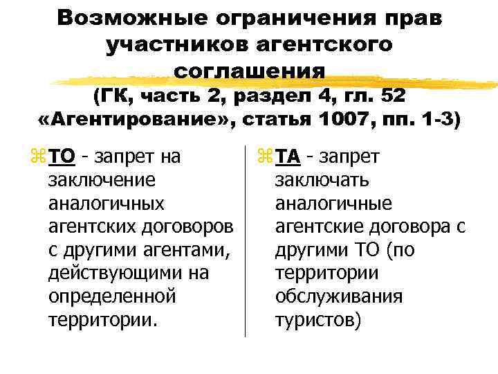 Возможные ограничения прав участников агентского соглашения (ГК, часть 2, раздел 4, гл. 52 «Агентирование»