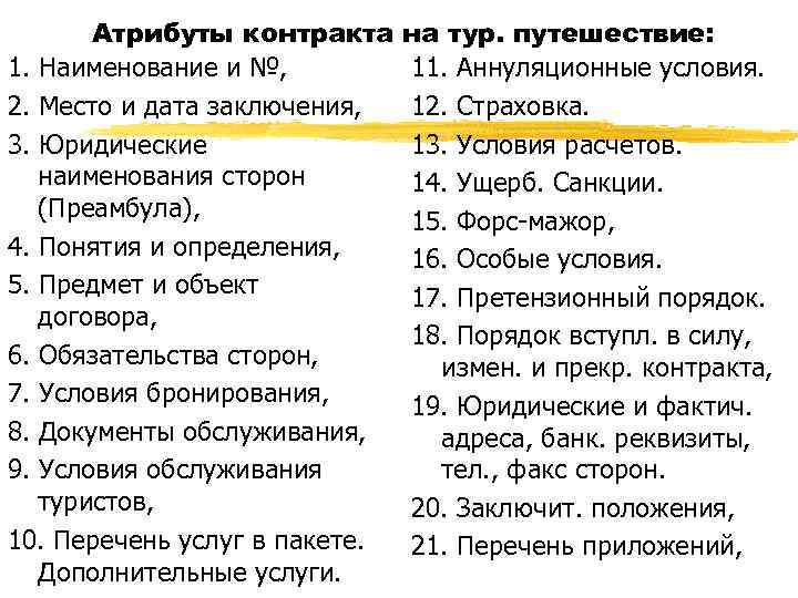 Атрибуты контракта 1. Наименование и №, 2. Место и дата заключения, 3. Юридические наименования