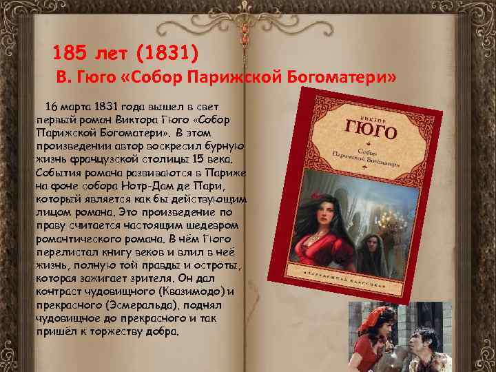 185 лет (1831) В. Гюго «Собор Парижской Богоматери» 16 марта 1831 года вышел в