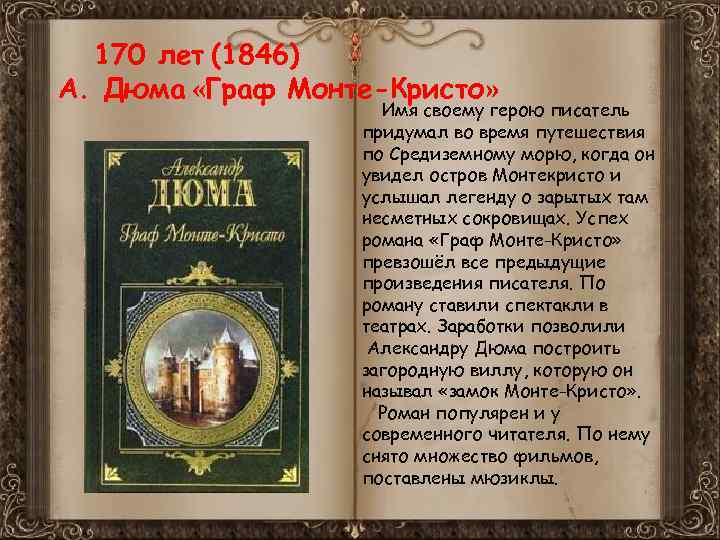 170 лет (1846) А. Дюма «Граф Монте-Кристо» Имя своему герою писатель придумал во время