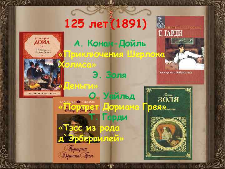 125 лет (1891) А. Конан-Дойль «Приключения Шерлока Холмса» Э. Золя «Деньги» О. Уайльд «Портрет