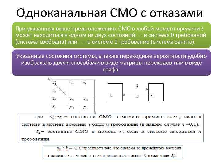 Одноканальная СМО с отказами При указанных выше предположениях СМО в любой момент времени t