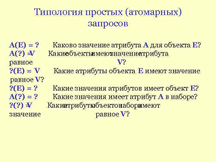 Типология простых (атомарных) запросов А(Е) = ? Каково значение атрибута А для объекта Е?