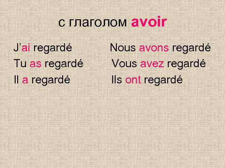 с глаголом avoir J’ai regardé Tu as regardé Il a regardé Nous avons regardé