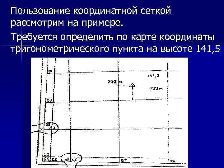 Пользование координатной сеткой рассмотрим на примере. Требуется определить по карте координаты тригонометрического пункта на