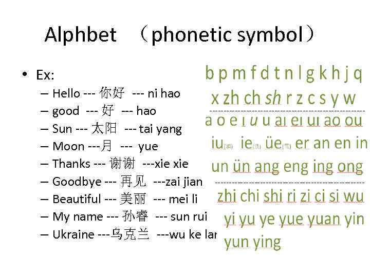 Alphbet （phonetic symbol） • Ex: – Hello --- 你好 --- ni hao ---------------------------– good