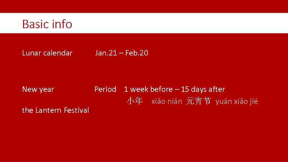 Basic info Lunar calendar Jan. 21 – Feb. 20 New year Period 1 week