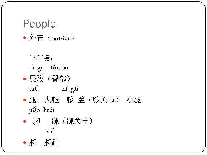 People 外在（outside） 下半身： pì gu tún bù 屁股（臀部） tuǔ xī gài 腿：大腿 膝 盖（膝关节）