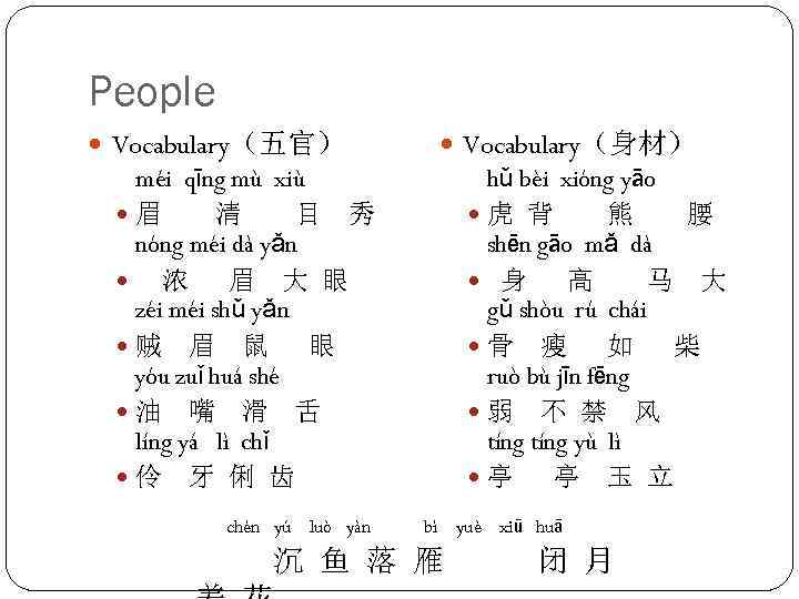 People Vocabulary（五官） Vocabulary（身材） méi qīng mù xiù 眉 清 目 秀 nóng méi dà