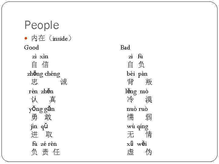 People 内在（inside） Good zì xìn 自 信 zhōng chéng 忠 诚 rèn zhēn 认