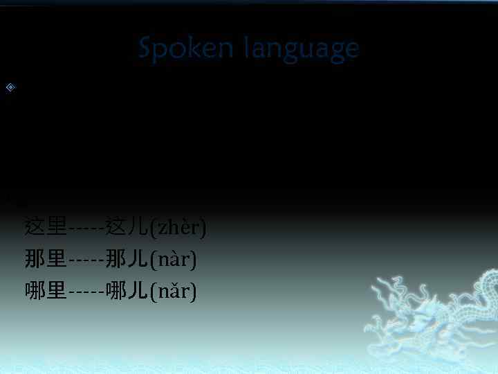 Spoken language 儿化音 Chinese pinyin + r Eg: 这里-----这儿(zhèr) 那里-----那儿(nàr) 哪里-----哪儿(nǎr) 