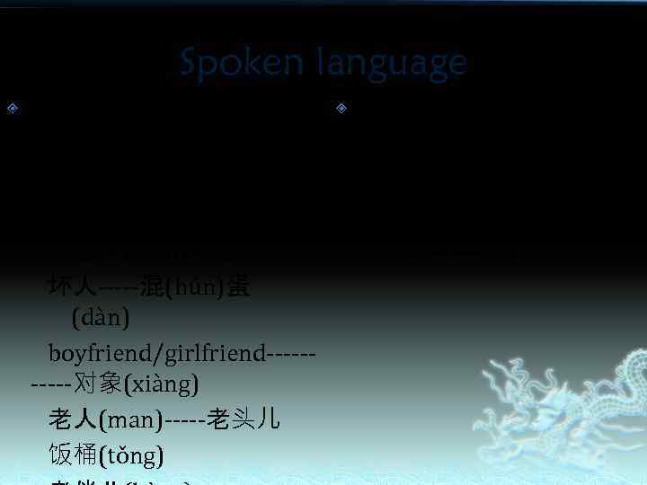 Spoken language noun about people: 我们-----咱(zán)（们） 陌生人(man)--兄弟/哥们 坏人-----混(hún)蛋 (dàn) boyfriend/girlfriend-----对象(xiàng) 老人(man)-----老头儿 饭桶(tǒng) Spoken language