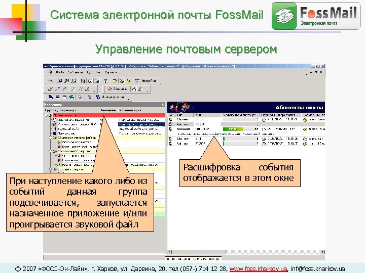 Cистема электронной почты Foss. Mail Управление почтовым сервером При наступление какого либо из событий