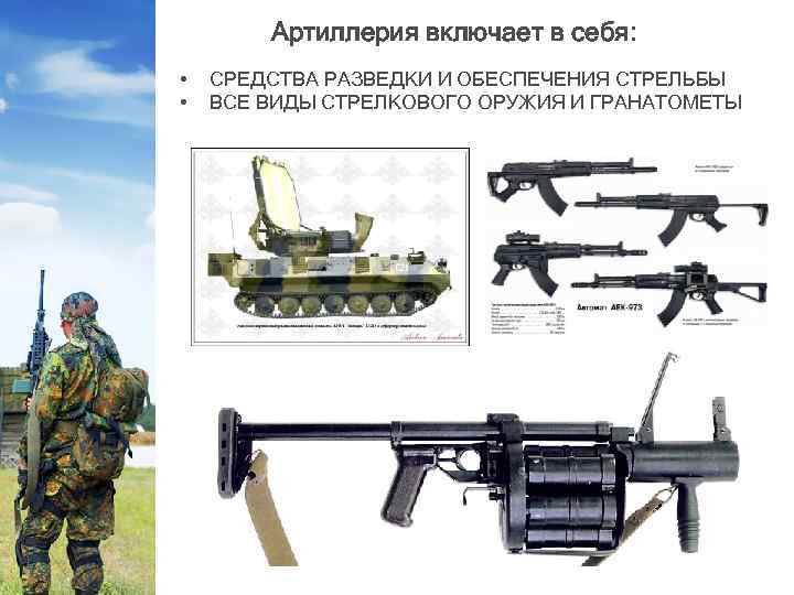 Артиллерия включает в себя: • • СРЕДСТВА РАЗВЕДКИ И ОБЕСПЕЧЕНИЯ СТРЕЛЬБЫ ВСЕ ВИДЫ СТРЕЛКОВОГО