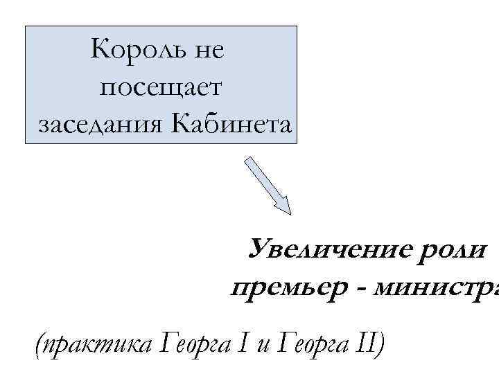 Король не посещает заседания Кабинета Увеличение роли премьер - министра (практика Георга I и
