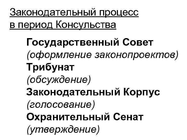 Законодательный процесс в период Консульства Государственный Совет (оформление законопроектов) Трибунат (обсуждение) Законодательный Корпус (голосование)