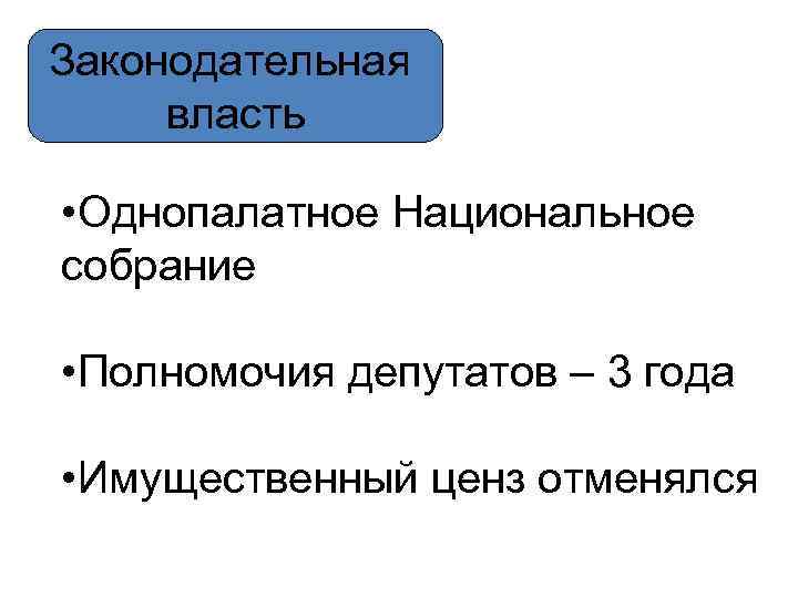 Законодательная власть • Однопалатное Национальное собрание • Полномочия депутатов – 3 года • Имущественный