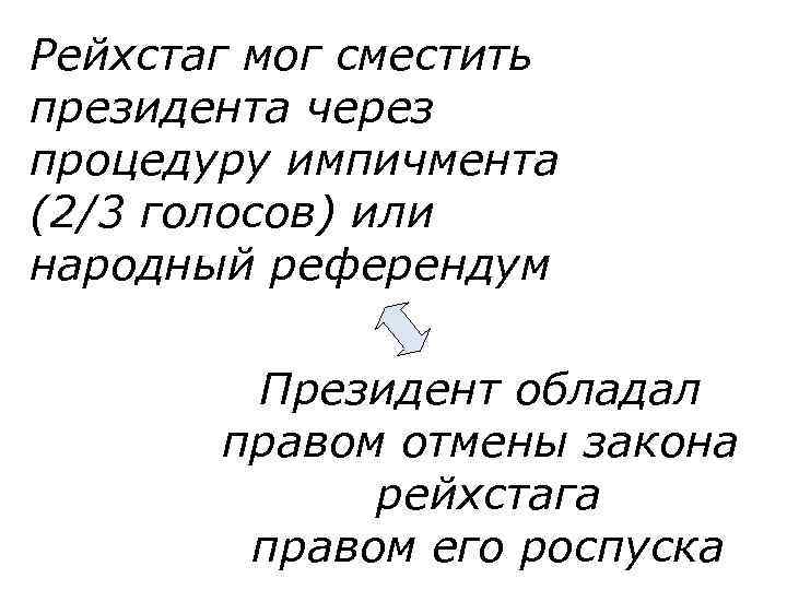 Рейхстаг мог сместить президента через процедуру импичмента (2/3 голосов) или народный референдум Президент обладал