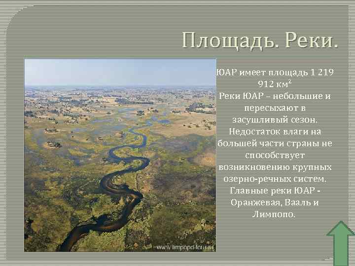 Площадь. Реки. ЮАР имеет площадь 1 219 912 км² Реки ЮАР – небольшие и