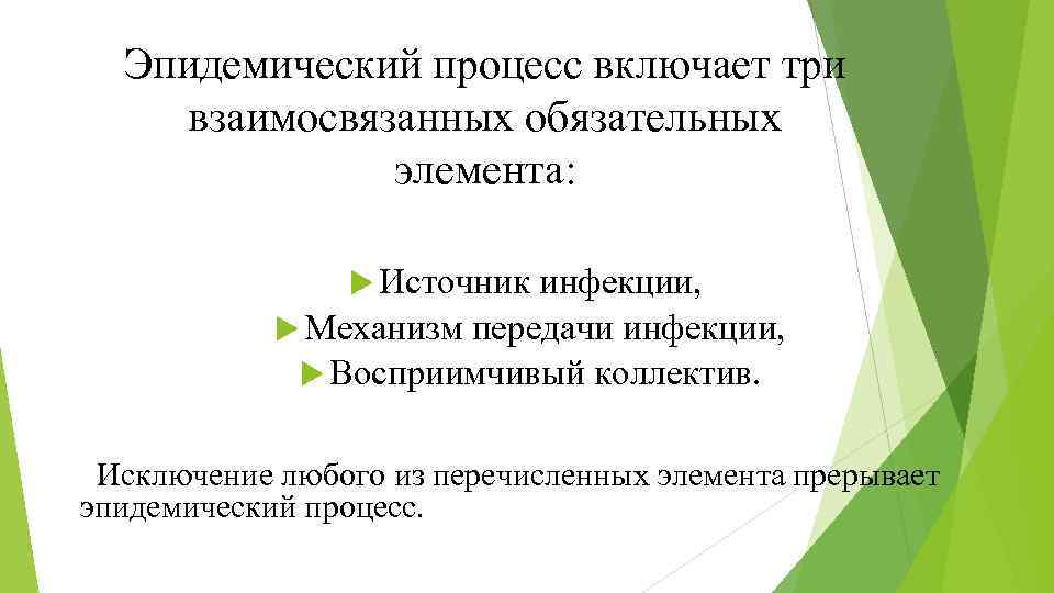 Эпидемический процесс включает три взаимосвязанных обязательных элемента: Источник инфекции, Механизм передачи инфекции, Восприимчивый коллектив.