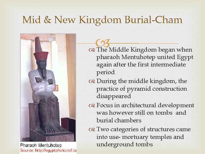 Mid & New Kingdom Burial-Cham Middle Kingdom began when The pharaoh Mentuhotep united Egypt