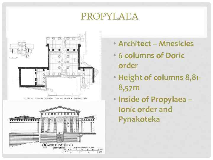 PROPYLAEA • Architect – Mnesicles • 6 columns of Doric order • Height of