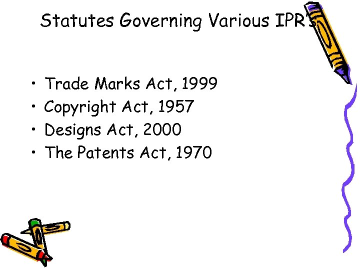 Statutes Governing Various IPR’s • • Trade Marks Act, 1999 Copyright Act, 1957 Designs