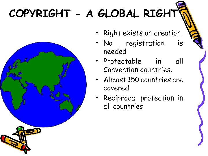 COPYRIGHT - A GLOBAL RIGHT • Right exists on creation • No registration is