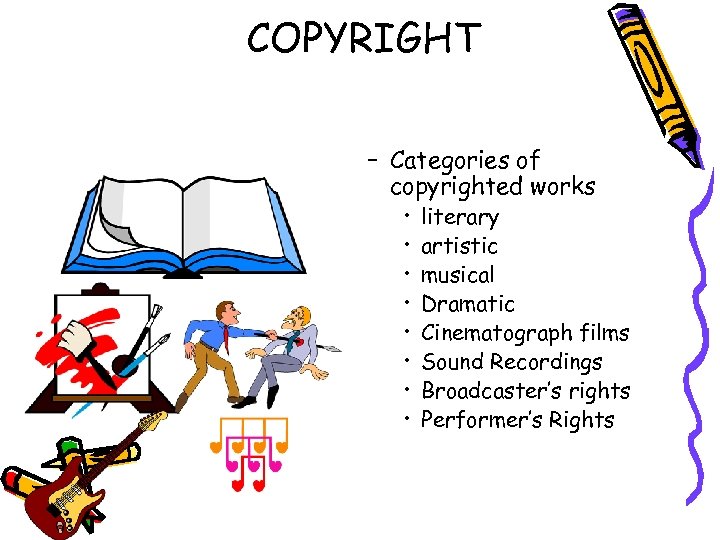 COPYRIGHT – Categories of copyrighted works • • literary artistic musical Dramatic Cinematograph films