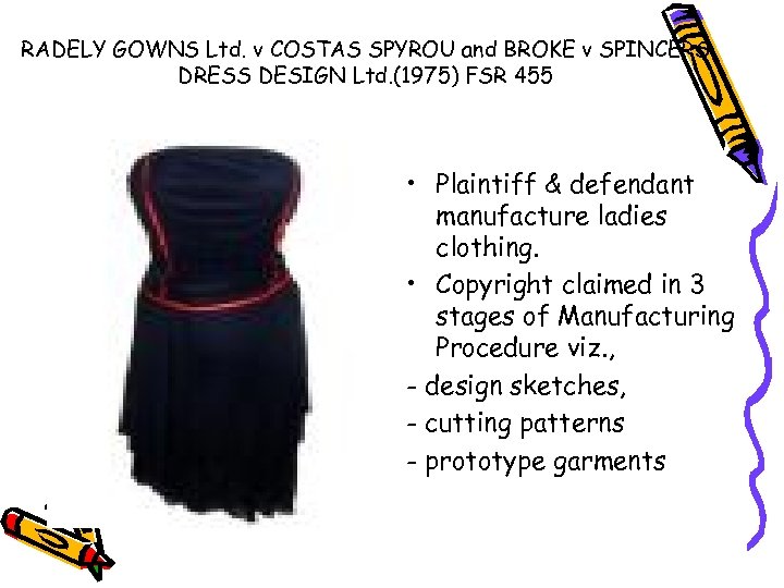 RADELY GOWNS Ltd. v COSTAS SPYROU and BROKE v SPINCERS DRESS DESIGN Ltd. (1975)
