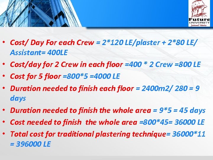  • Cost/ Day For each Crew = 2*120 LE/plaster + 2*80 LE/ Assistant=