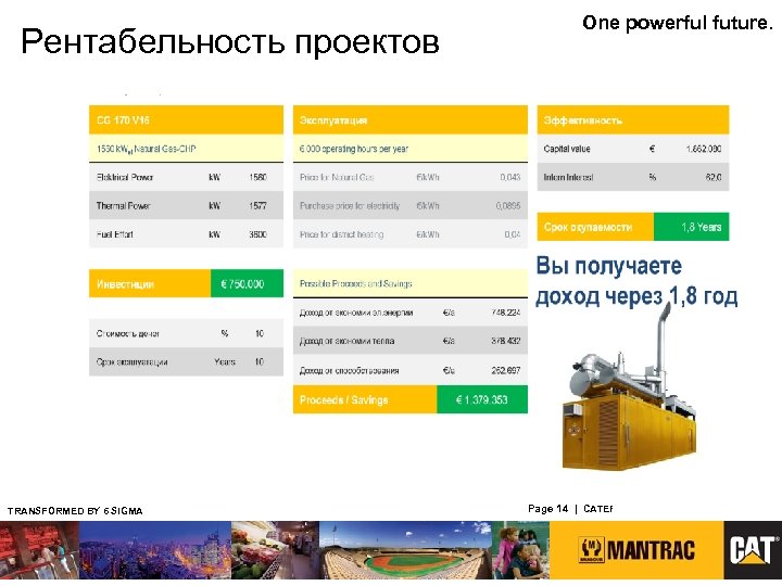 Рентабельность проектов TRANSFORMED BY 6 SIGMA One powerful future. Page 14 | CATERPILLAR CONFIDENTIAL: