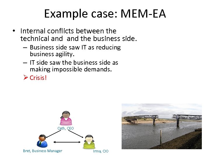 Example case: MEM-EA • Internal conflicts between the technical and the business side. –