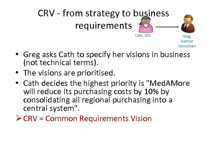 CRV - from strategy to business requirements Cath, CEO Greg, Gartner Consultant • Greg