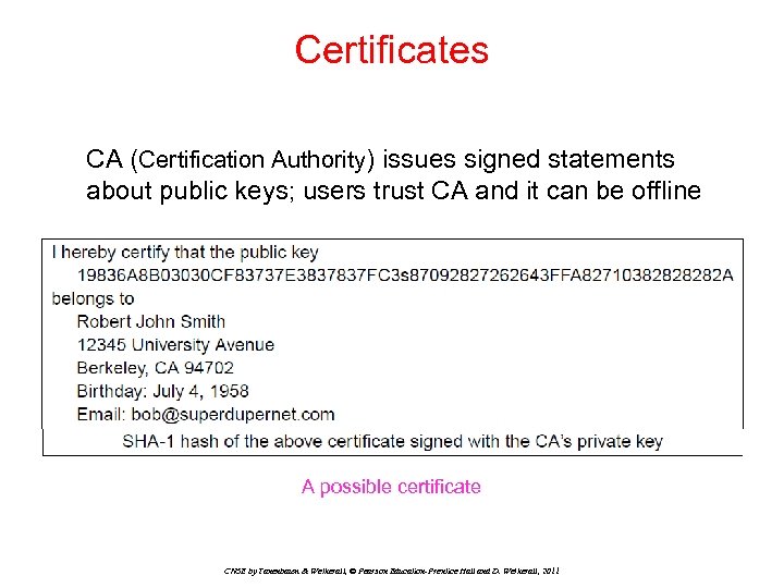 Certificates CA (Certification Authority) issues signed statements about public keys; users trust CA and